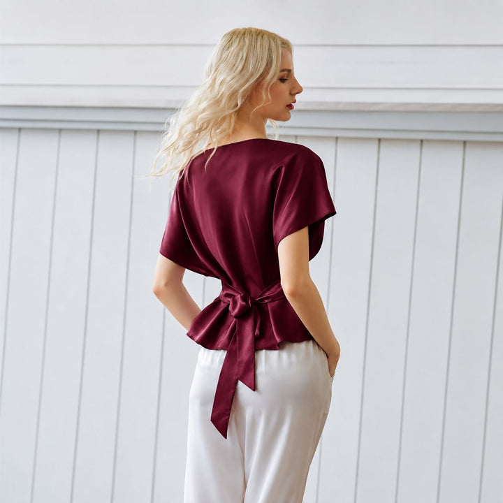 Elegant Self-Tie Batwing Sleeve Mulberry Silk Blouse Top