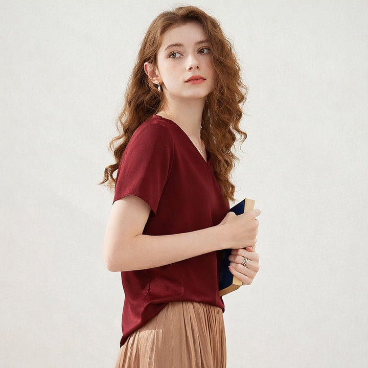 22 Momme Basic V-Neck Pure Mulberry Silk Short Sleeve T-Shirt
