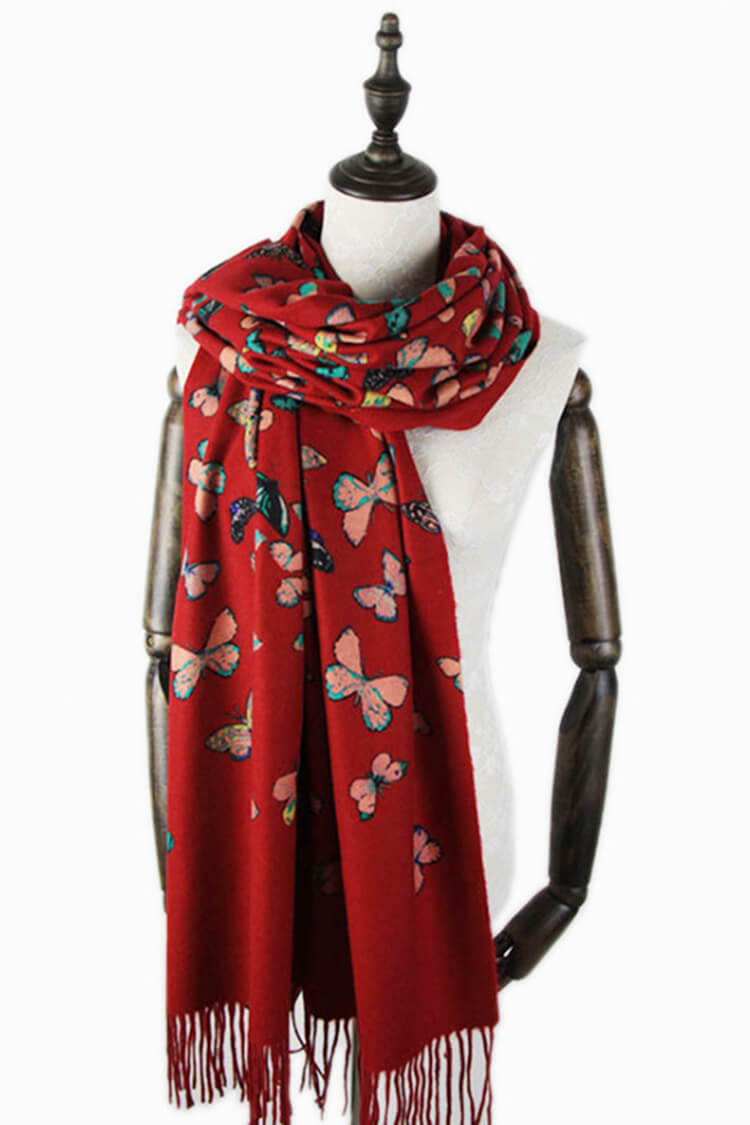 Butterfly Print 100% Cashmere Wrap Scarf with Fringe