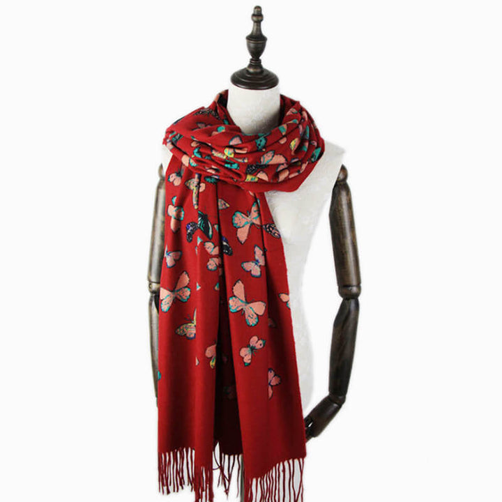 Women's 100% Cashmere Shawl Scarf with Colorful Butterfly Print and Fringes