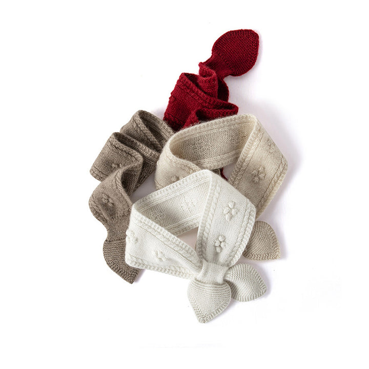 Bow Tie Cashmere Knit Scarf with Floral Embellishments