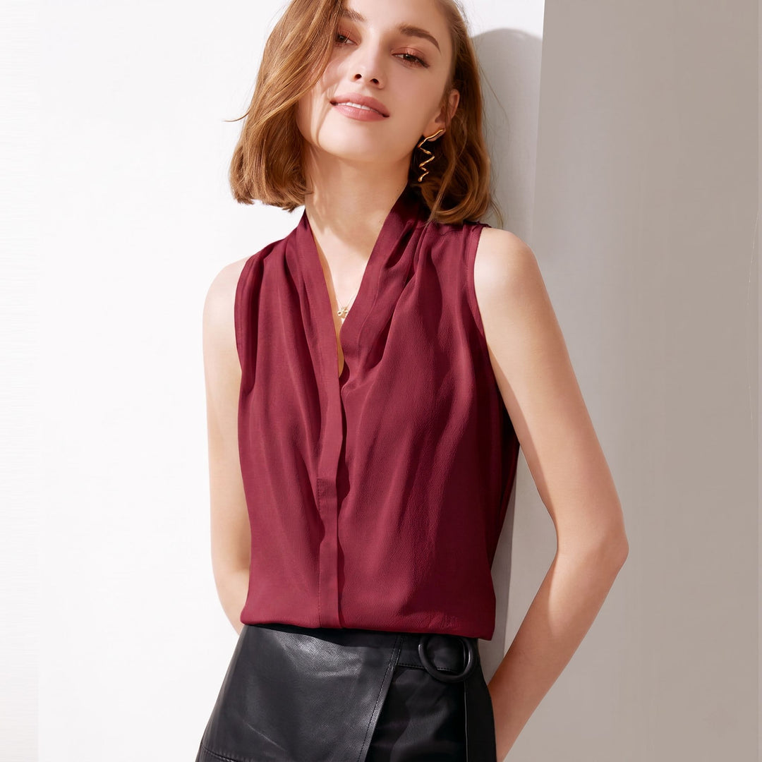 Women’s Sleeveless Draped V-Neck Mulberry Silk Blouse Top