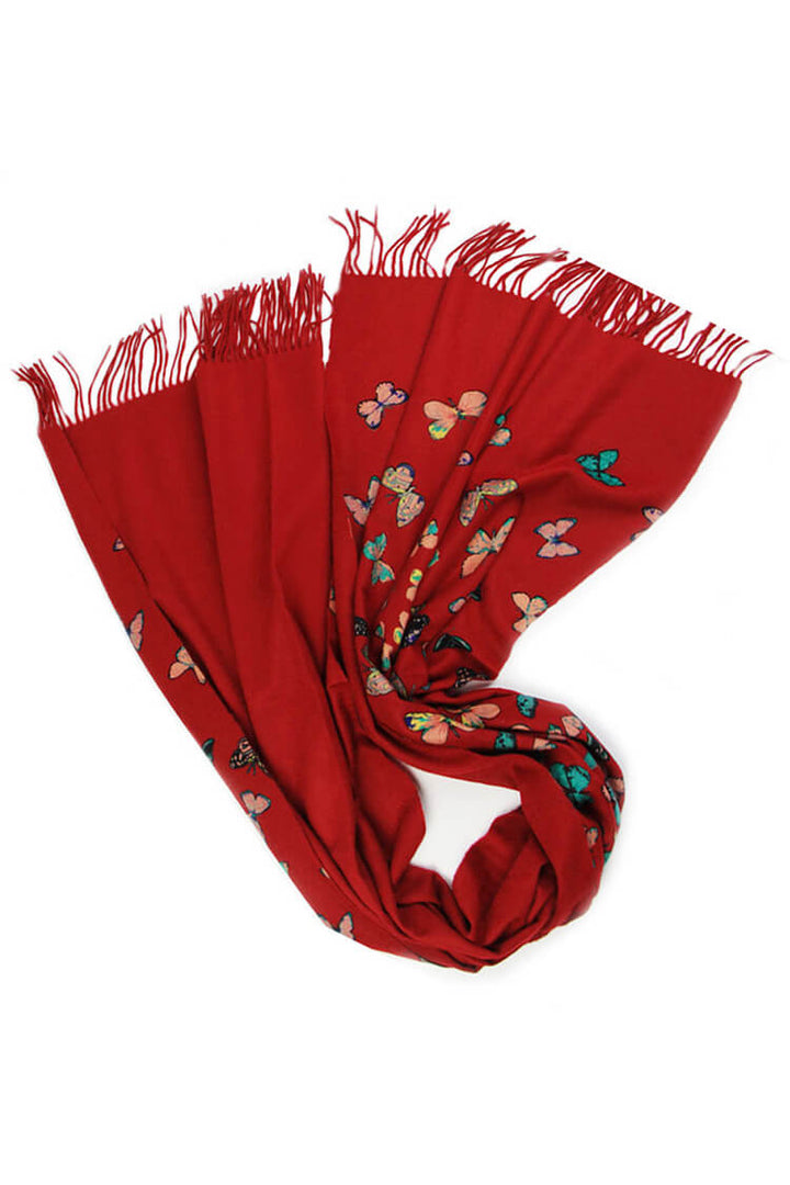Butterfly Print 100% Cashmere Wrap Scarf with Fringe