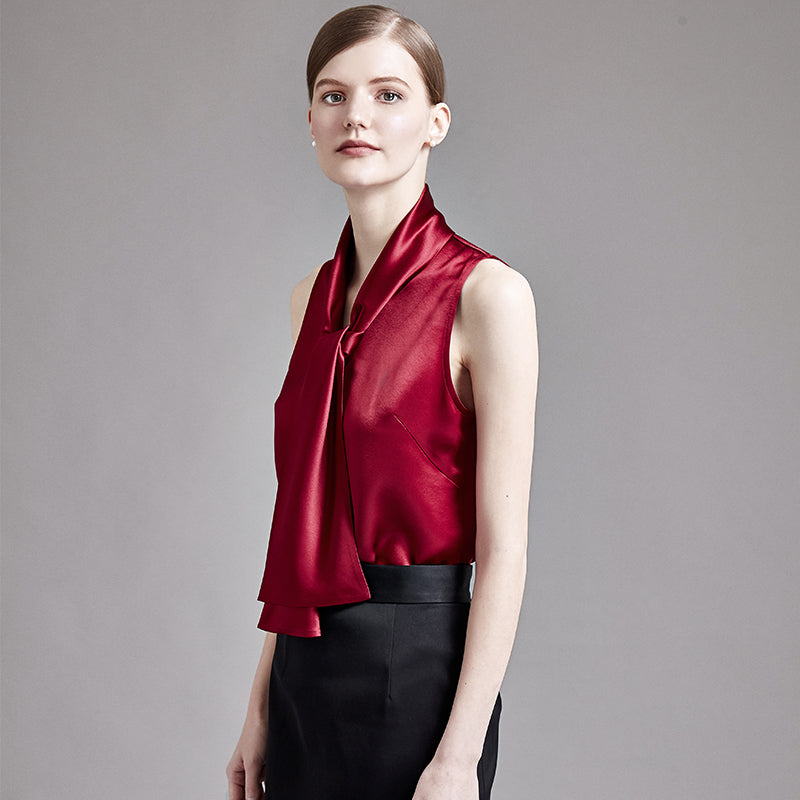 22 Momme Women's V-Neck Sleeveless Silk Tank Top with Scarf Tie