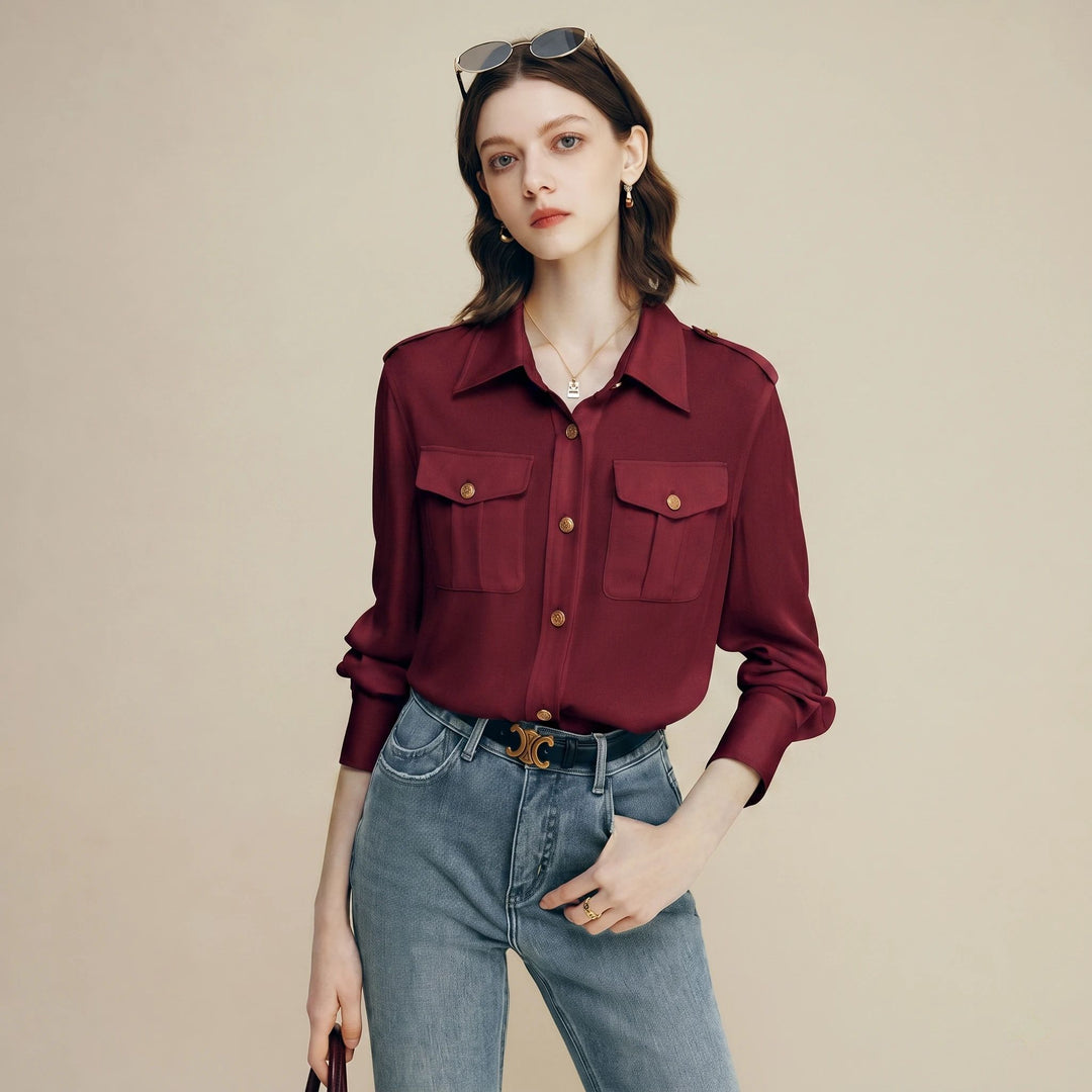 30 Momme Women’s Silk Crepe Utility Shirt with Flap Pockets