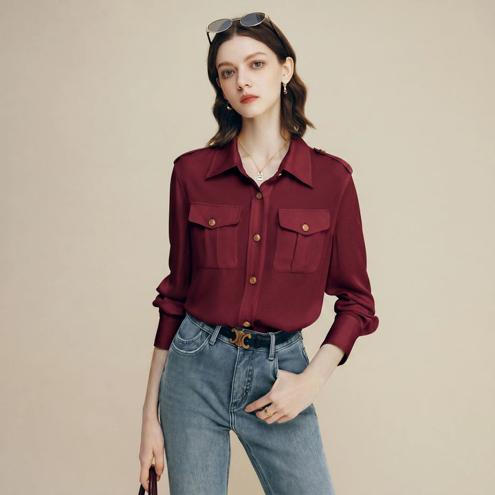 30 Momme Women’s Silk Crepe Utility Shirt with Flap Pockets