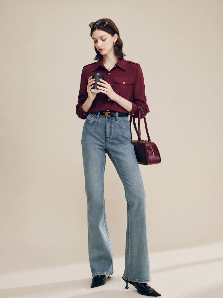 30 Momme Women’s Silk Crepe Utility Shirt with Flap Pockets