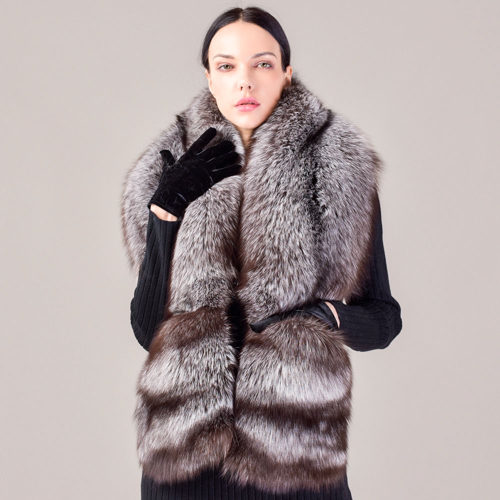 Women's Oversized Real Fox Fur Shawl Wrap Large Fur Collar Scarf with Pocket for Parties and Wedding
