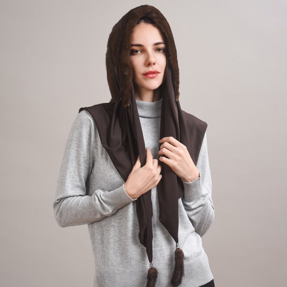 Luxury Real Mink Fur Hooded Hat with Scarf Elegant Winter Fur Hood for Women