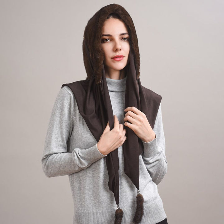 Luxury Real Mink Fur Hooded Hat with Scarf Elegant Winter Fur Hood for Women