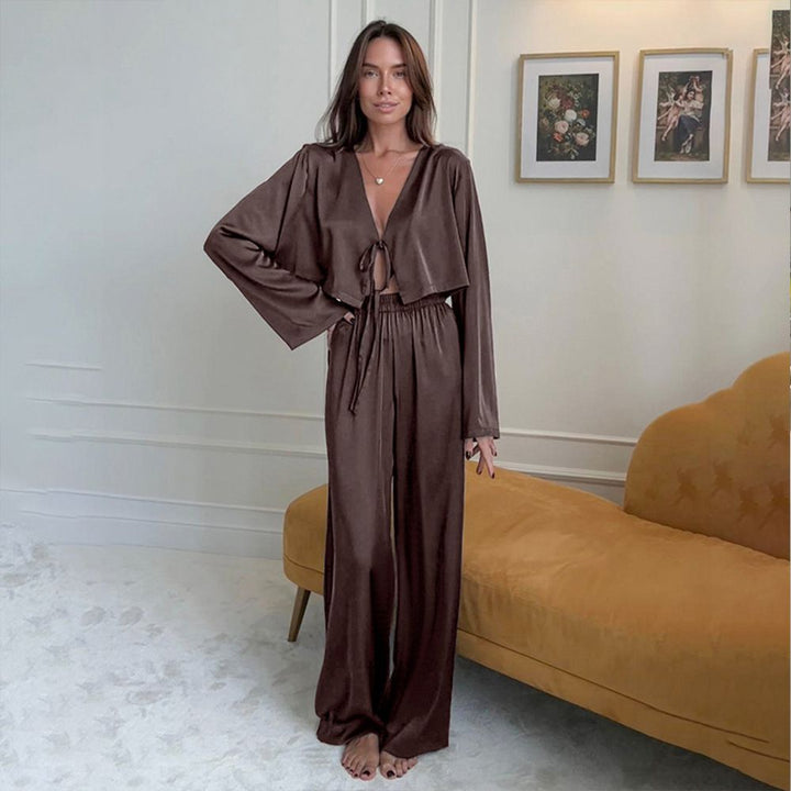 22 Momme Sexy Tie-Front  V-Neck Long Sleeve Silk Pajama Set for Women