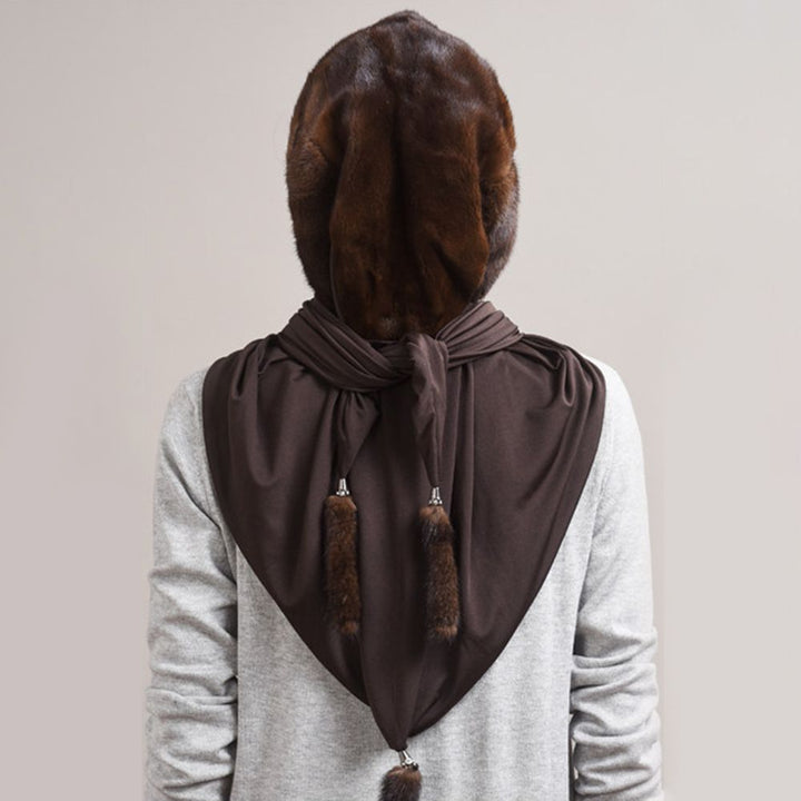 Luxury Real Mink Fur Hooded Hat with Scarf Elegant Winter Fur Hood for Women
