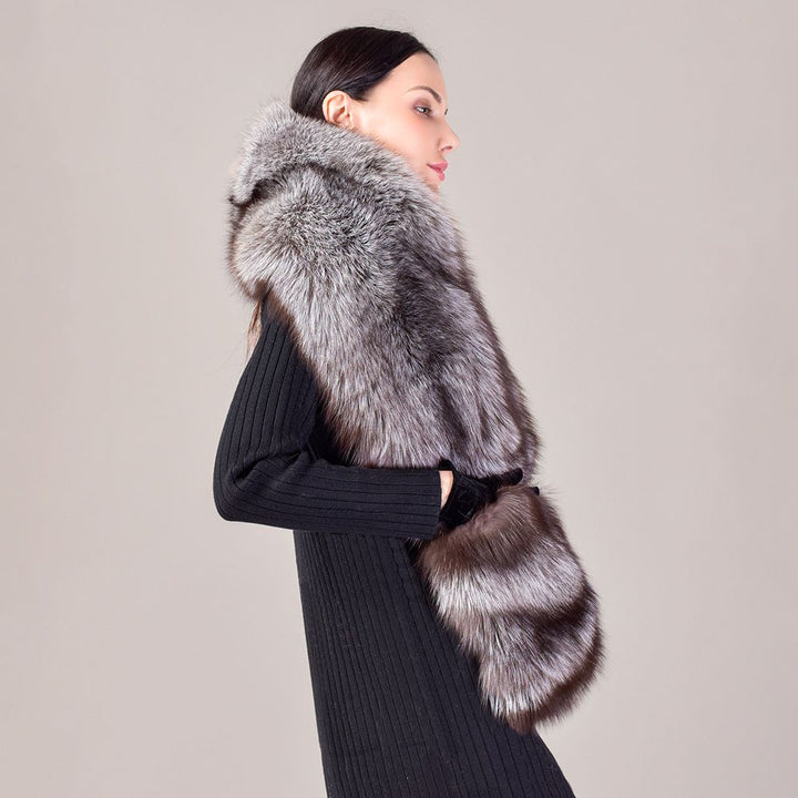 Women's Oversized Real Fox Fur Shawl Wrap Large Fur Collar Scarf with Pocket for Parties and Wedding