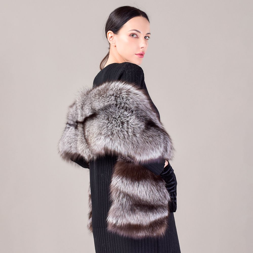 Women's Oversized Real Fox Fur Shawl Wrap Large Fur Collar Scarf with Pocket for Parties and Wedding