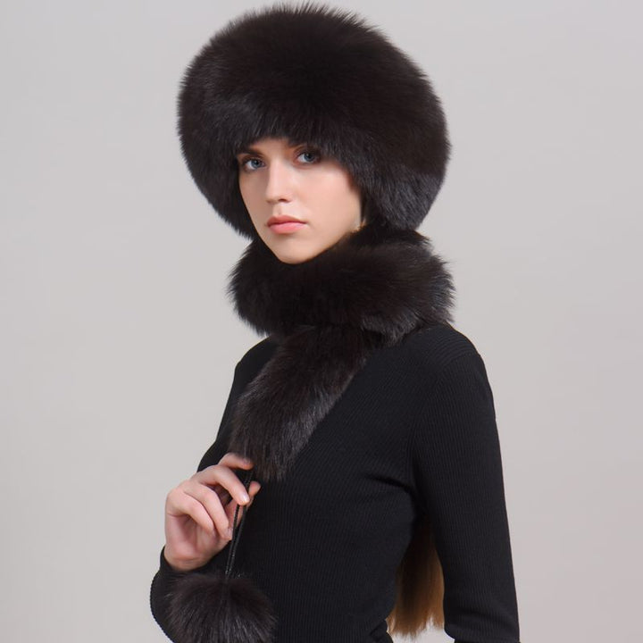 Luxury Winter Fox Fur Trapper Hat Women Pom Pom Fur Ushanka with Tail Scarf