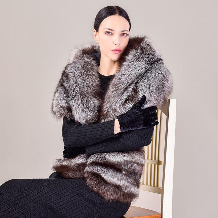 Women's Oversized Real Fox Fur Shawl Wrap Large Fur Collar Scarf with Pocket for Parties and Wedding