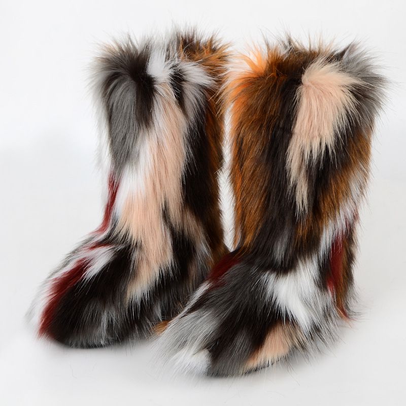 Vibrant Patchwork Faux Fur Boots Women Colorful Winter Furry Snow Boots Footwear