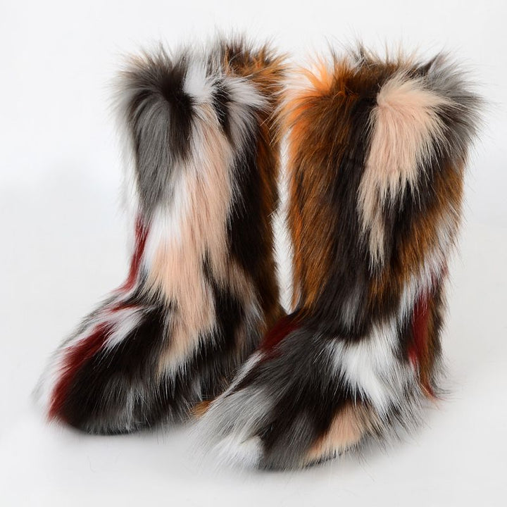 Vibrant Patchwork Faux Fur Boots Women Colorful Winter Furry Snow Boots Footwear