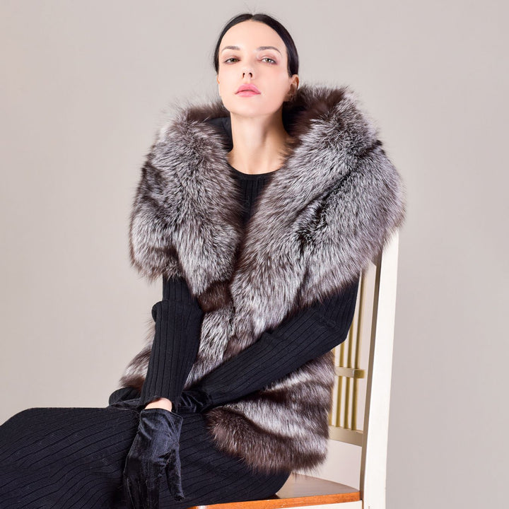 Women's Oversized Real Fox Fur Shawl Wrap Large Fur Collar Scarf with Pocket for Parties and Wedding
