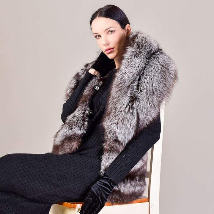 Women's Oversized Real Fox Fur Shawl Wrap Large Fur Collar Scarf with Pocket for Parties and Wedding