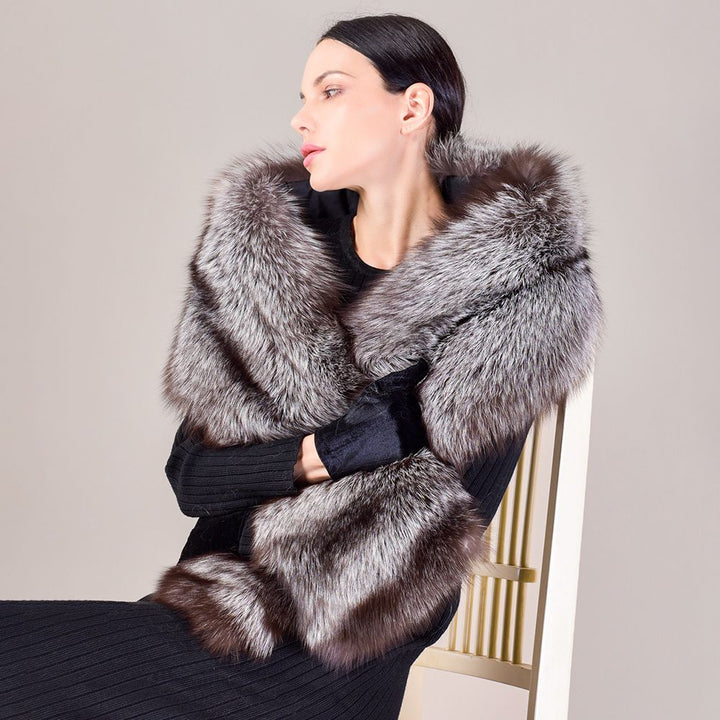 Women's Oversized Real Fox Fur Shawl Wrap Large Fur Collar Scarf with Pocket for Parties and Wedding