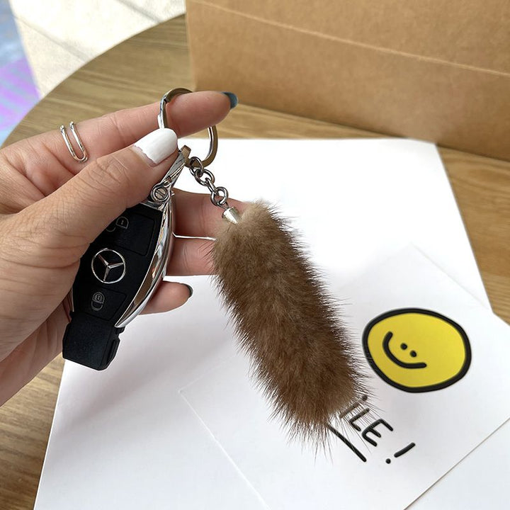 Real Mink Fur Mini Tail Car Keychain for Men and Women Simple Fluffy Bag Charm