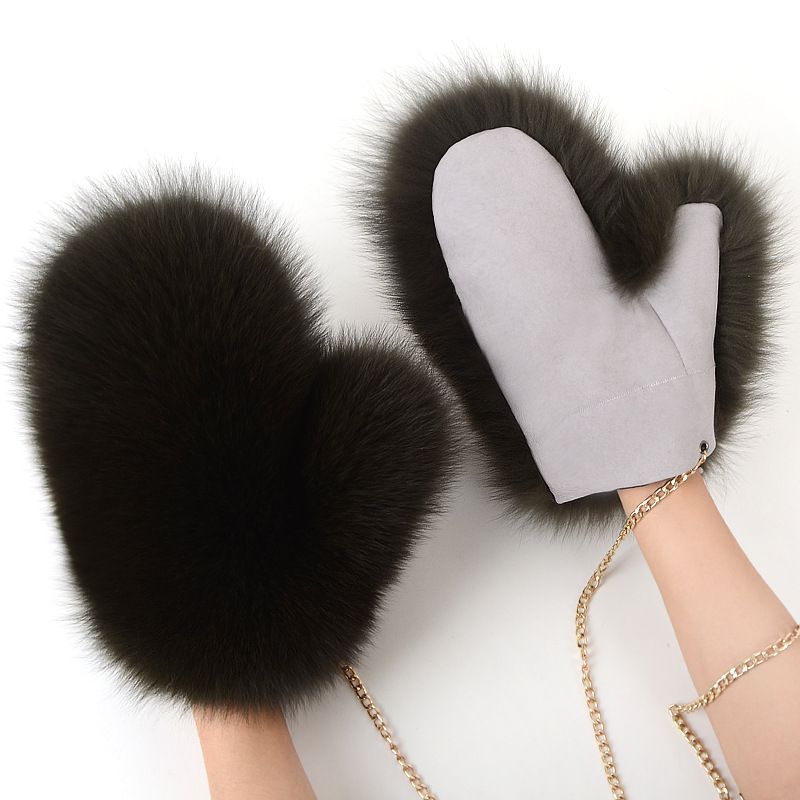 Luxury Real Fox Fur Mittens with Chain Strap Warm Winter Leather Fur Gloves for Women