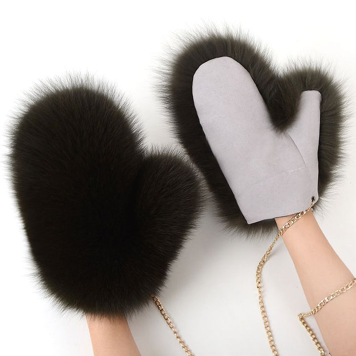 Luxury Real Fox Fur Mittens with Chain Strap Warm Winter Leather Fur Gloves for Women
