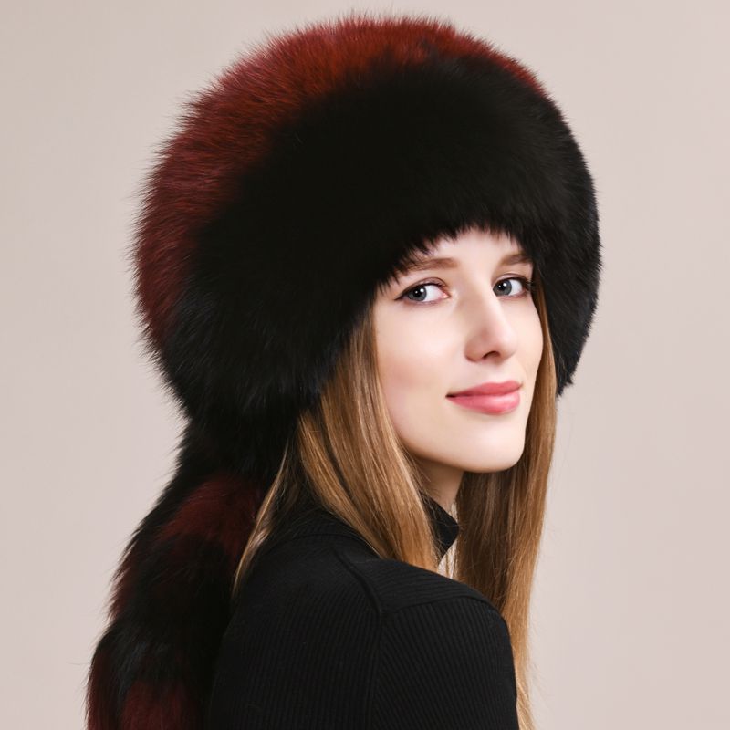 Soft Real Fox Fur Hat with Elegant Tails Women's Winter Fashion Cozy Full-Pelt Fur Beanie for Cold Weather