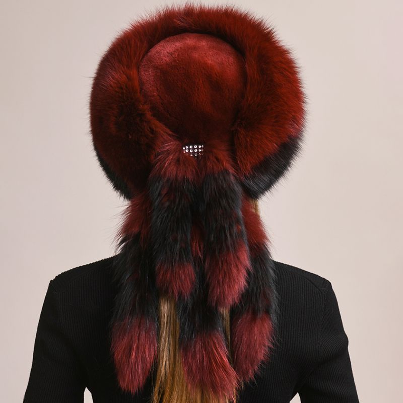 Soft Real Fox Fur Hat with Elegant Tails Women's Winter Fashion Cozy Full-Pelt Fur Beanie for Cold Weather