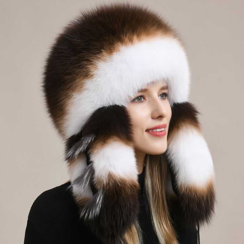 Luxury Oversized Two-Tone Real Fox Fur Pom Pom Hat Women Winter Warm Ushanka