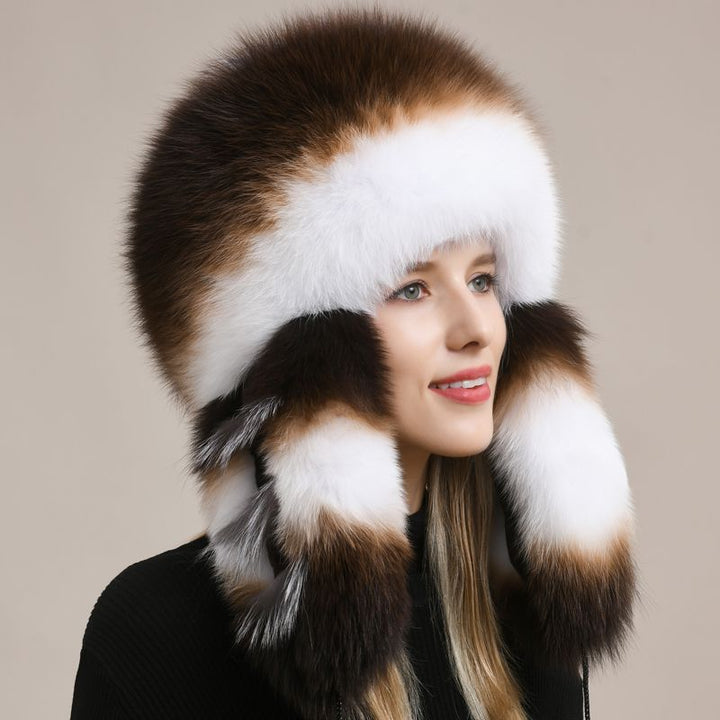 Luxury Oversized Two-Tone Real Fox Fur Pom Pom Hat Women Winter Warm Ushanka