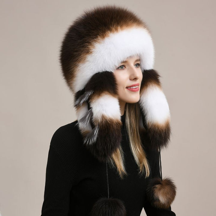 Luxury Oversized Two-Tone Real Fox Fur Pom Pom Hat Women Winter Warm Ushanka