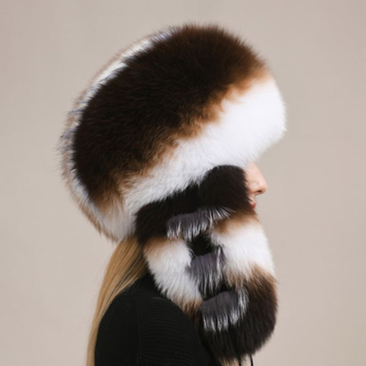 Luxury Oversized Two-Tone Real Fox Fur Pom Pom Hat Women Winter Warm Ushanka