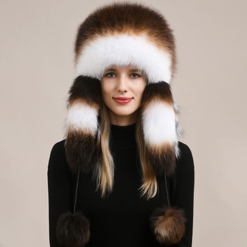 Luxury Oversized Two-Tone Real Fox Fur Pom Pom Hat Women Winter Warm Ushanka