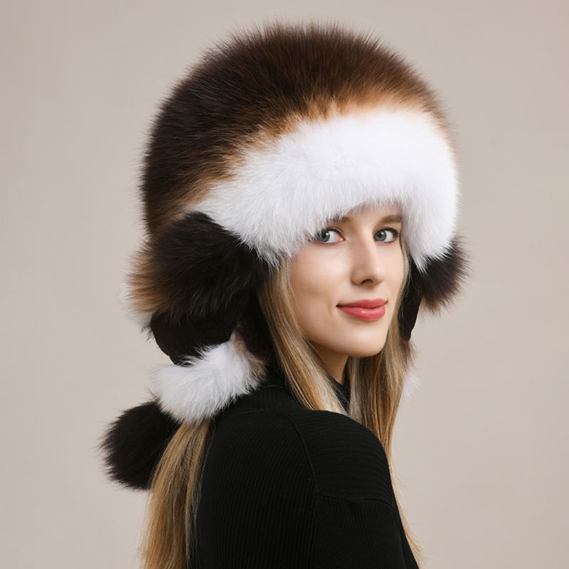 Luxury Oversized Two-Tone Real Fox Fur Pom Pom Hat Women Winter Warm Ushanka