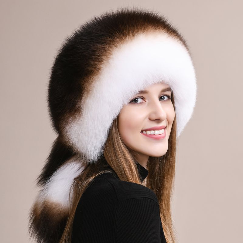 Soft Real Fox Fur Hat with Elegant Tails Women's Winter Fashion Cozy Full-Pelt Fur Beanie for Cold Weather