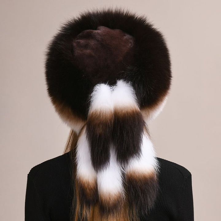 Soft Real Fox Fur Hat with Elegant Tails Women's Winter Fashion Cozy Full-Pelt Fur Beanie for Cold Weather