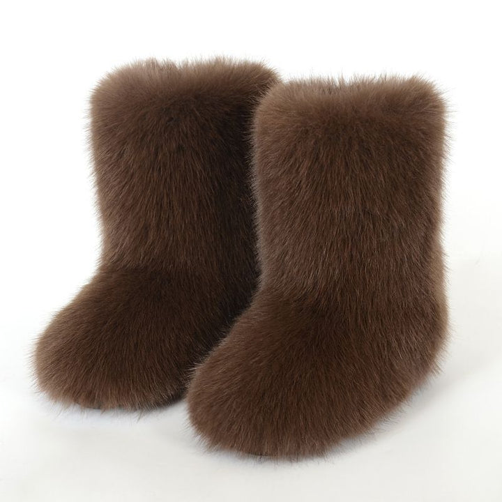 Faux Fox Fur Snow Boots for Women Winter Furry Cozy Slip-On Ankle Fur Boots