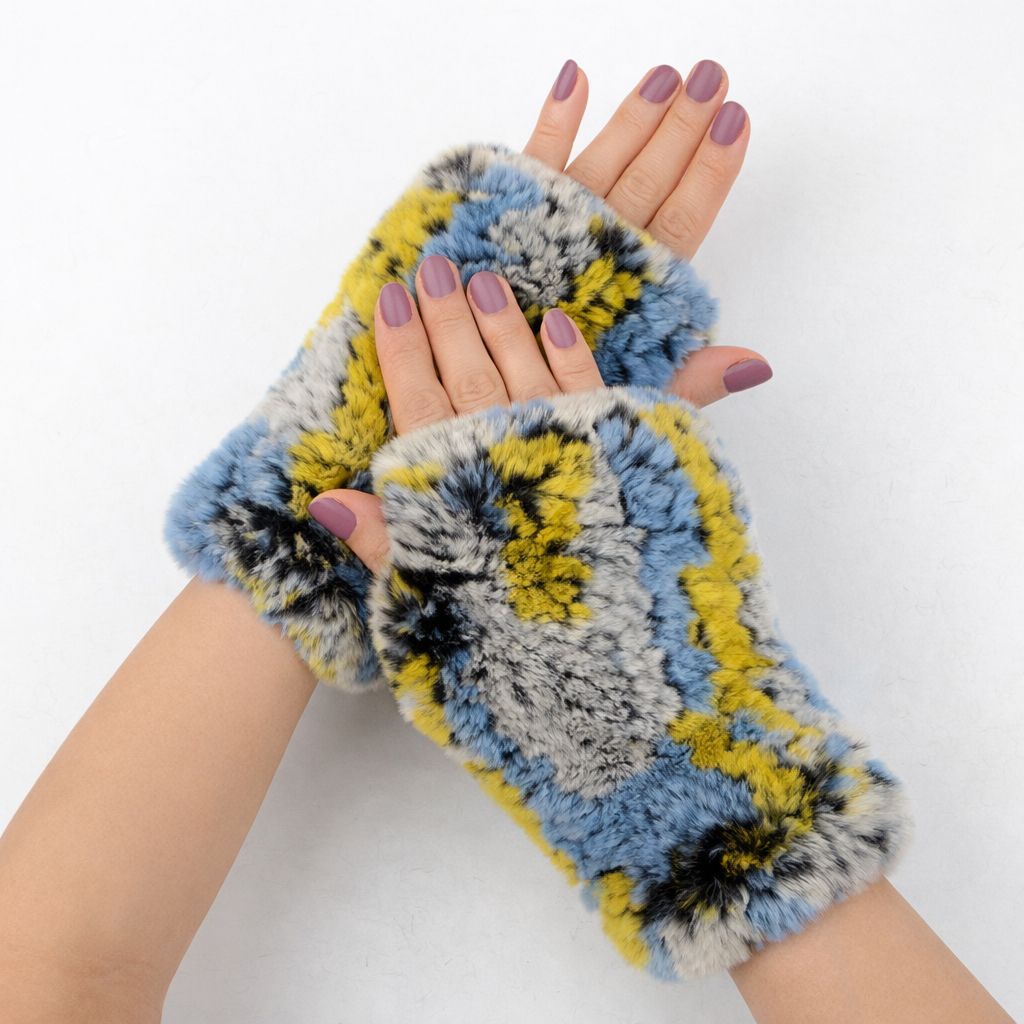 Women’s Real Rabbit Fur Fingerless Gloves Soft Plush Winter Knitted Mittens