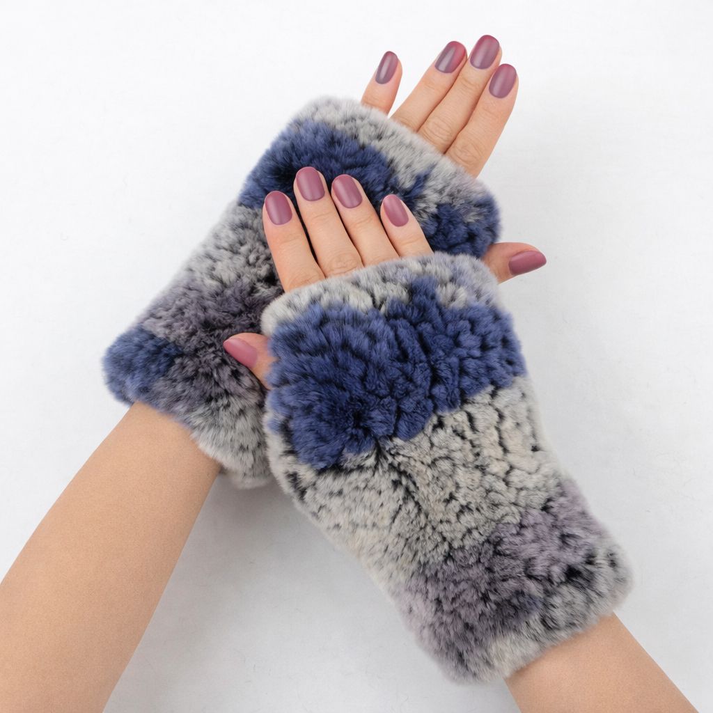 Women’s Real Rabbit Fur Fingerless Gloves Soft Plush Winter Knitted Mittens