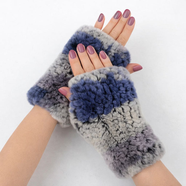 Women’s Real Rabbit Fur Fingerless Gloves Soft Plush Winter Knitted Mittens