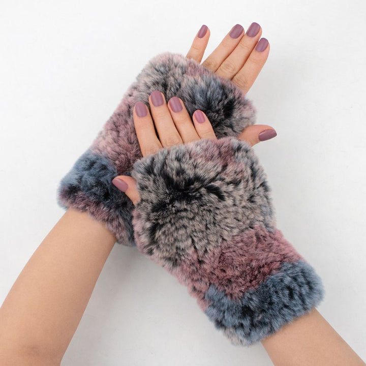 Women’s Real Rabbit Fur Fingerless Gloves Soft Plush Winter Knitted Mittens