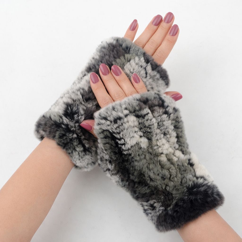 Women’s Real Rabbit Fur Fingerless Gloves Soft Plush Winter Knitted Mittens