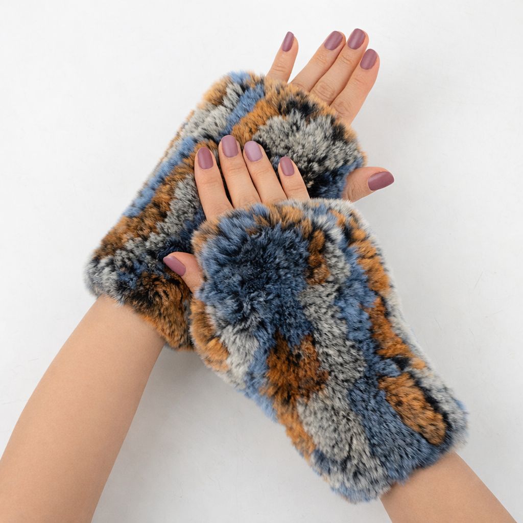Women’s Real Rabbit Fur Fingerless Gloves Soft Plush Winter Knitted Mittens