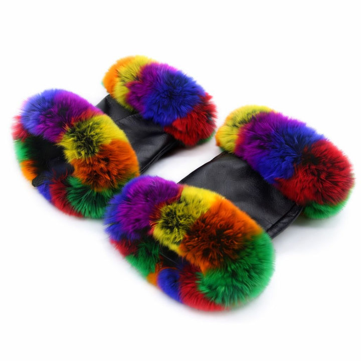 Women's Fingerless Sheepskin Leather Rabbit Fur Gloves Luxury Winter Leather Hand Mittens Warmers