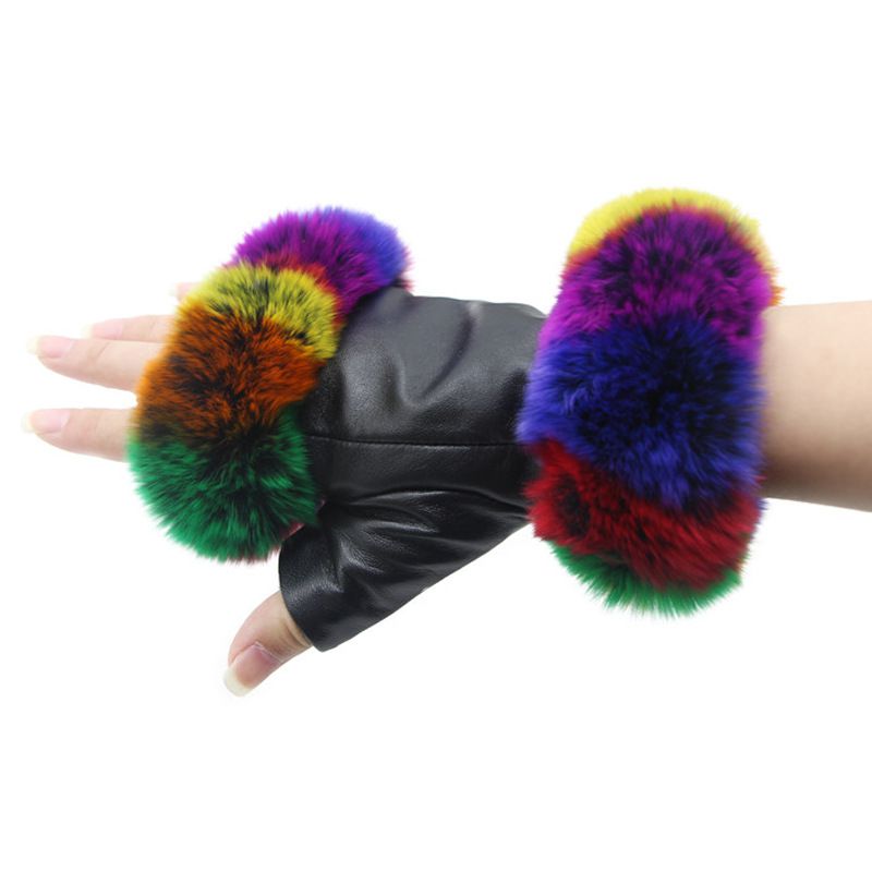 Women's Fingerless Sheepskin Leather Rabbit Fur Gloves Luxury Winter Leather Hand Mittens Warmers