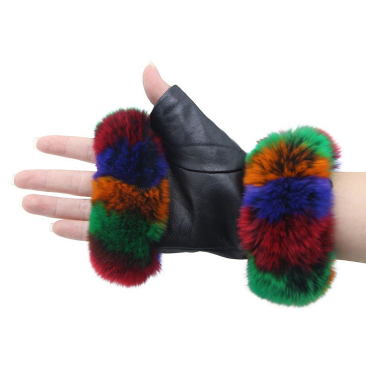 Women's Fingerless Sheepskin Leather Rabbit Fur Gloves Luxury Winter Leather Hand Mittens Warmers