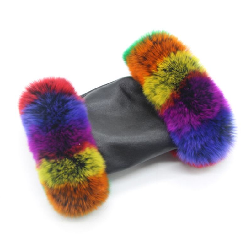 Women's Fingerless Sheepskin Leather Rabbit Fur Gloves Luxury Winter Leather Hand Mittens Warmers