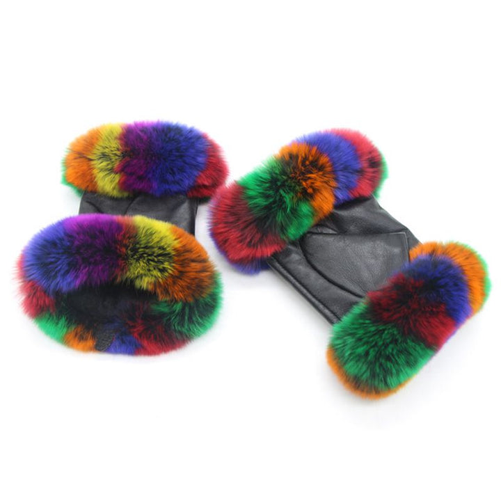 Women's Fingerless Sheepskin Leather Rabbit Fur Gloves Luxury Winter Leather Hand Mittens Warmers